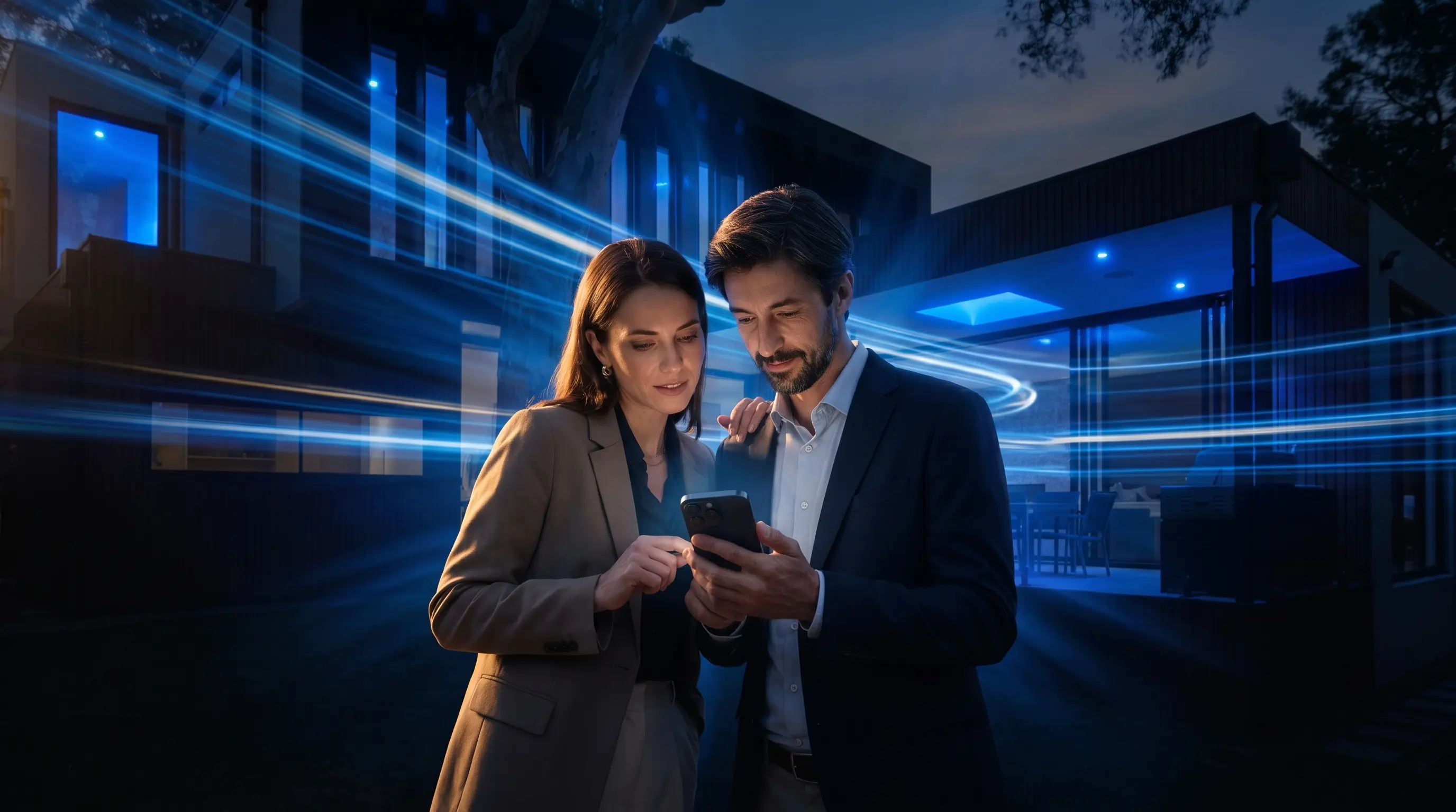 Eigentümerpaar vor seinem Haus mit Blick aufs Smartphone